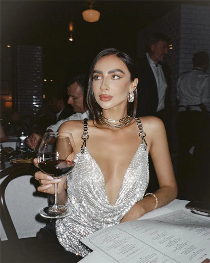 Shiny Rhinestone V Neck Tank Top 2025 Sexy Backless Metal Chain Spaghetti Straps Sling Camisole Women Nightclub Party Crop Top