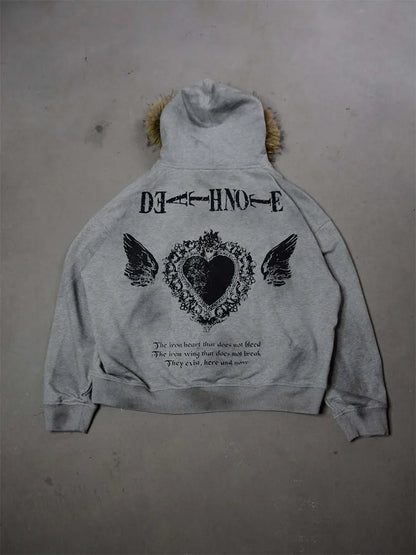 Winter Fashion Streetwear Women's Gothic Printed Faux Fur Hooded Jacket Trendy Edgy Zip - Up Sweatshirt 2026 New Arrival