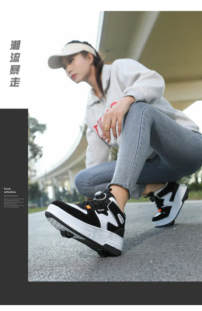 Children's walking shoes 2024 new double wheel invisible roller skates young primary school children big child swivel buckle