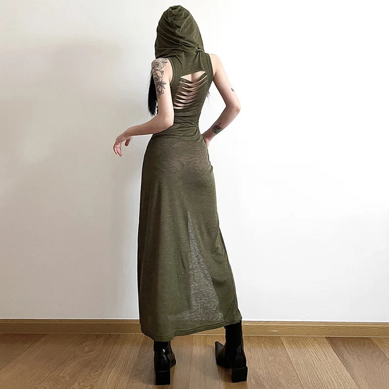 European And American Style Sleeveless Hooded Dress Long Split Hollow out Pure Color Women's Gown