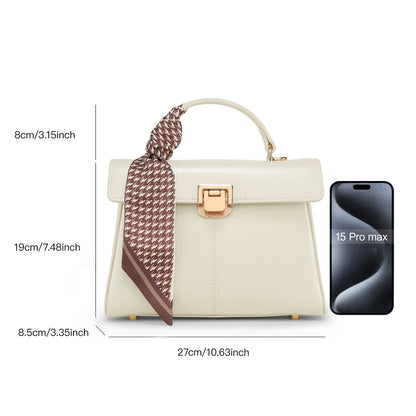 Genuine Leather Handbag with Scarf | Luxury Designer Trendy Shoulder Bag Solid Color Commuting Bag | bags for women gift