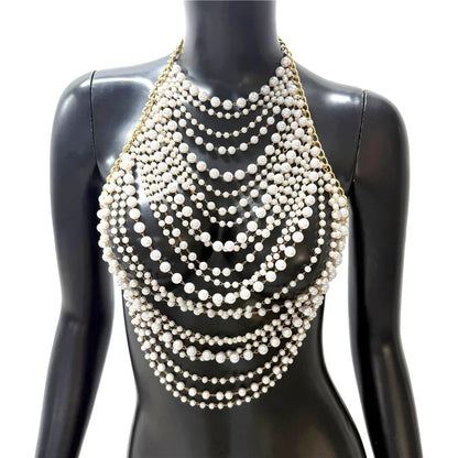 Elegant Tassel Pearl Chain Women Tank Top Body Chain Sexy Hollow Out See Through Backless Halter Neck Crop Top Party Club Camis