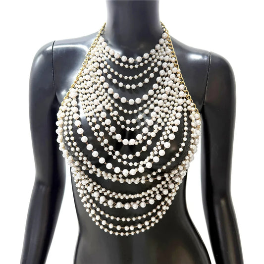 Elegant Tassel Pearl Chain Women Tank Top Body Chain Sexy Hollow Out See Through Backless Halter Neck Crop Top Party Club Camis