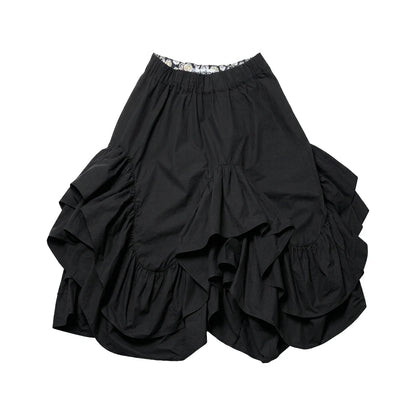 Black midi skirt for women imakokoni 2026 Spring Forest style high waist irregular ruffle edge mid length skirt 265401