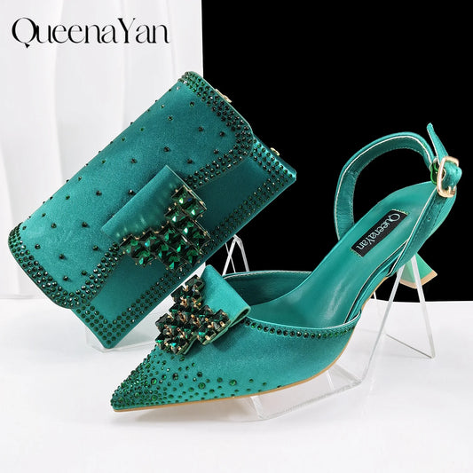 Elegant Green Handbag Medium Heel Shoe Set with Exquisite Handmade Metal Decoration Accents for Wedding & Parties