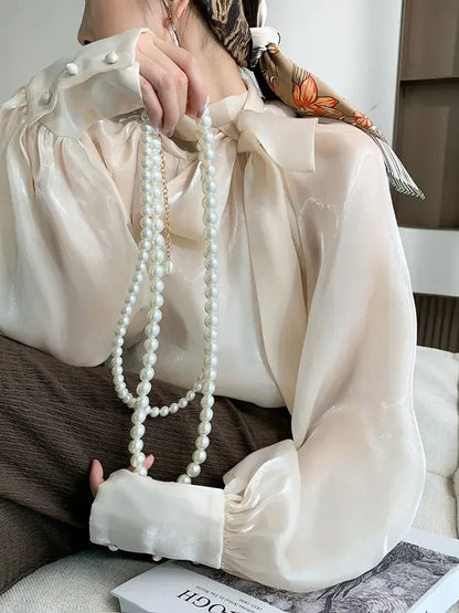 Women's Satin Blouses Stylish Big Bow Shirts 2023 Spring Autumn New Fashion Korean Edition Casual Puff Sleeve Female Solid Top