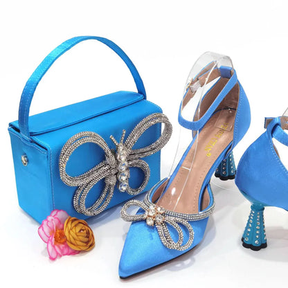 Ladies Pointed-Toe Party High Heels Magenta Colour Bow Rhinestone Stereo Bag Evening  African Wedding Shoe And Bag Set