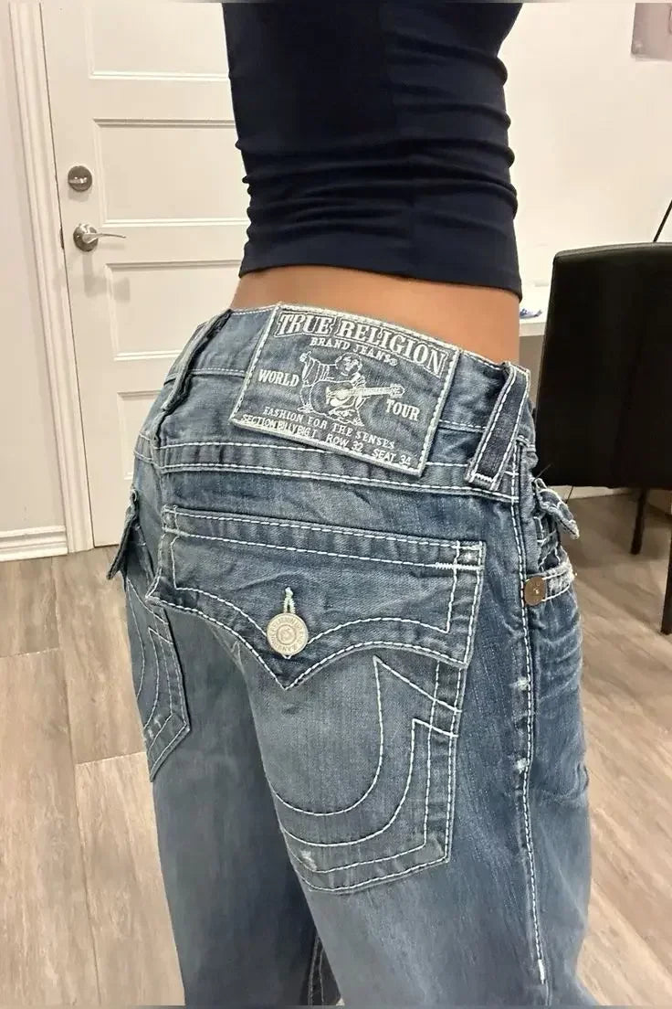 Calça Jeans Vintage Liberty Brilhante com Strass Casual Cintura Baixa Reta Perna Larga Harajuku Y2k Anos 2000 Roupa Feminina