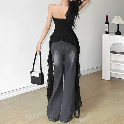 2025 Spring New Solid Color Sweet Gentle Cute All-match High Street Travel Sexy Cool Women Chest Wrap Ruched Tassel Vest