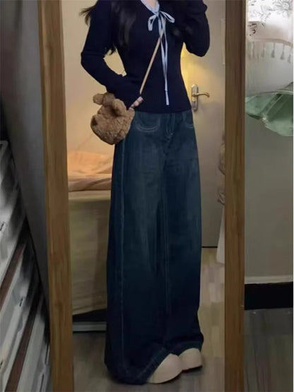 High Waist Wide Leg Loose Straight Deep Blue Denim Pants