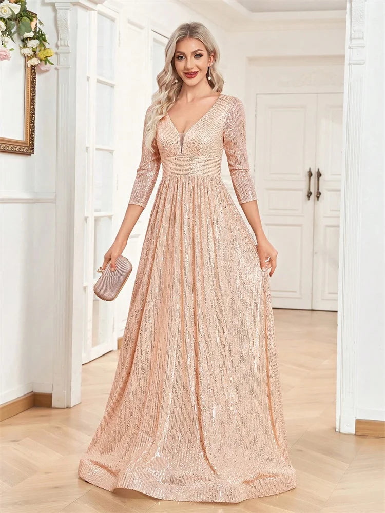 Luxury V Neck Long Sleeves Blue Sequins Formal Evening Dress Women 2024 Wedding Party Prom Maxi Cocktail Dress Gowns