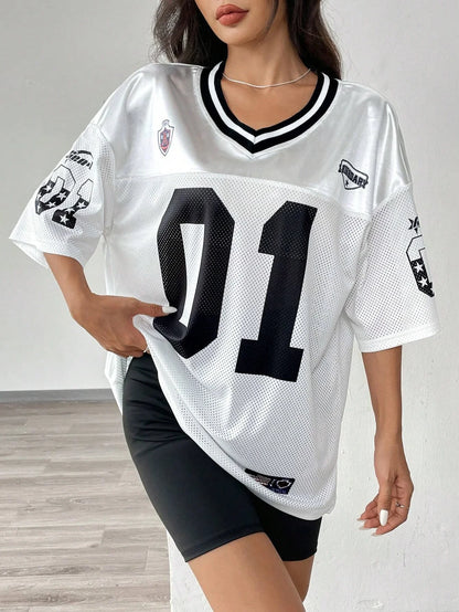 American Sports Fashion V-Neck T-Shirt Street Y2K Hip-Hop Jersey Women's Loose Breathable Quick Drying Casual Versatile Top
