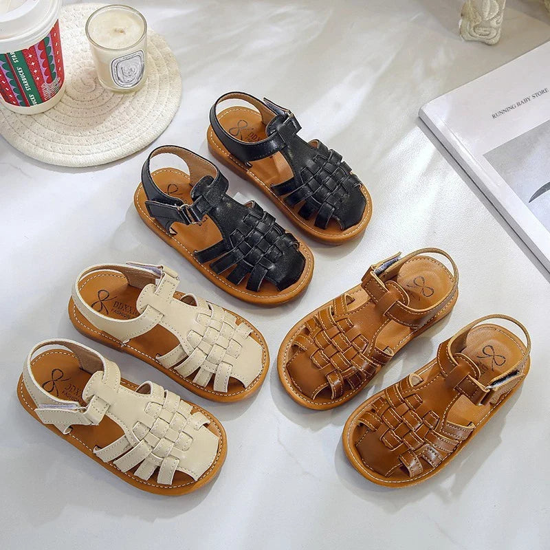 Toddler Sandals for Boys Cut outs Leather Shoes 2026 Summer Brand New Gladiator Sandals Weave Baby Boy Beach Shoes Flats H05096