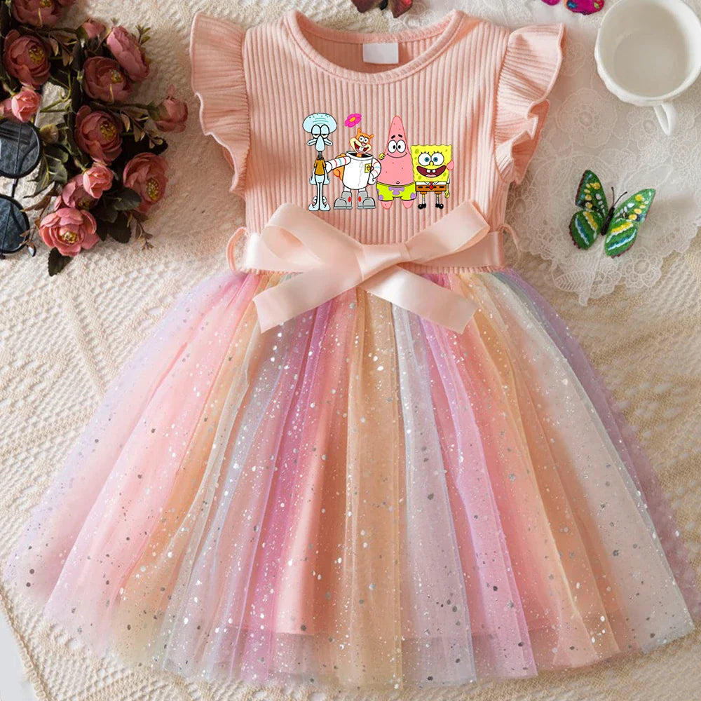 Sweet Girls Flying Sleeves Bow Sequin Dress Kids Baby Girl Birthday Party Fluffy Tutu Princess Dress 1-5Y