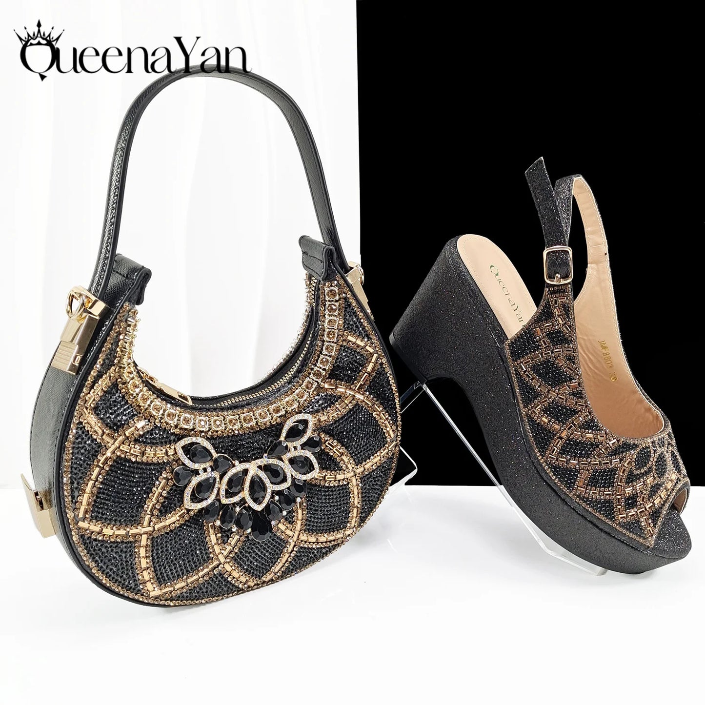 Sky Blue Elegant Nigerian Rhinestone Wedding Shoe and Bag Set Italian Inspired High Heels and Matching Handbag