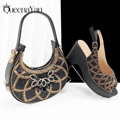 Sky Blue Elegant Nigerian Rhinestone Wedding Shoe and Bag Set Italian Inspired High Heels and Matching Handbag