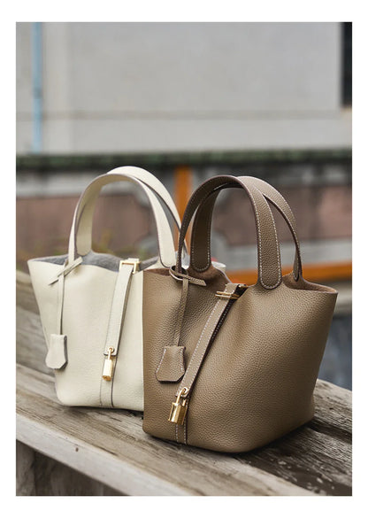 2025 Casual Fashion Female Genuine Leather Bucket Bag Luxury Handbag High-End Tote Bag Woman Cow Leather Mommy Bag & Metal Lock