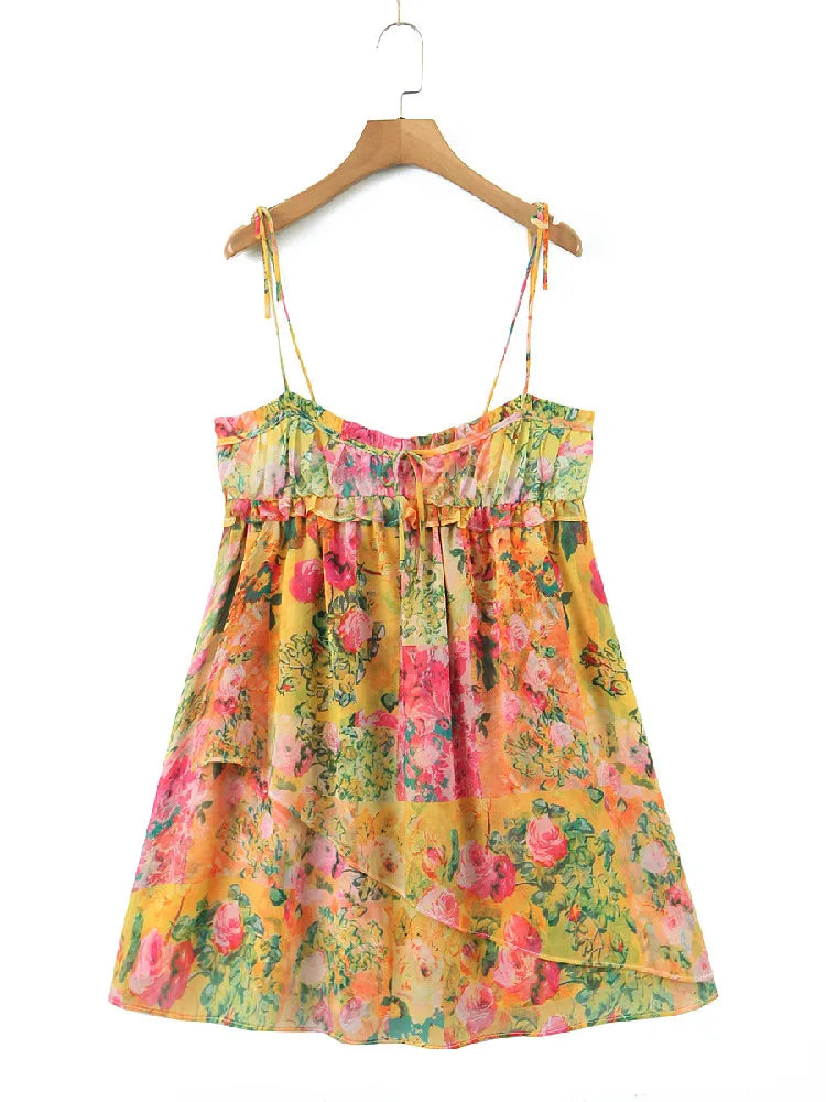 Flower Print Spaghetti Strap Mini Dress Women Backless Skater Lacing up Sling Robe Holiday