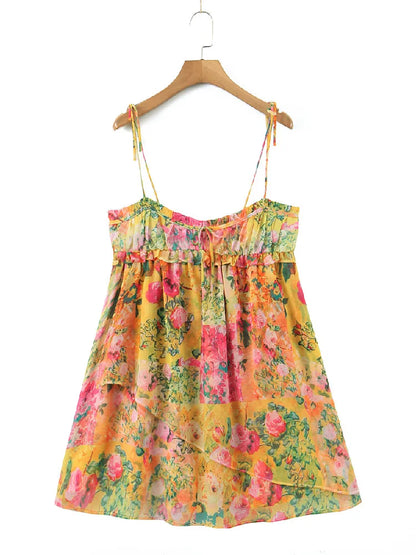 Flower Print Spaghetti Strap Mini Dress Women Backless Skater Lacing up Sling Robe Holiday