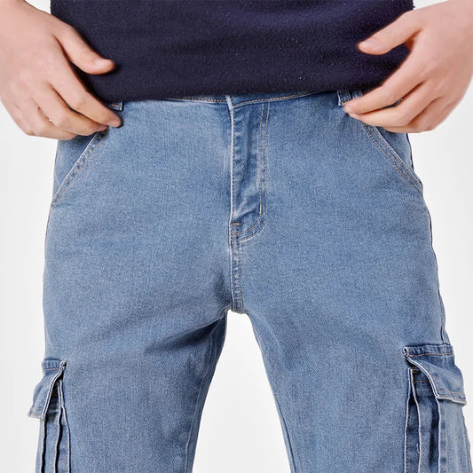 Men's Jeans Street Style Waist Denim Cargo Pants Solid Color Washed Slim Fit Casual Jeans with Multiple Pockets for Daily Wear