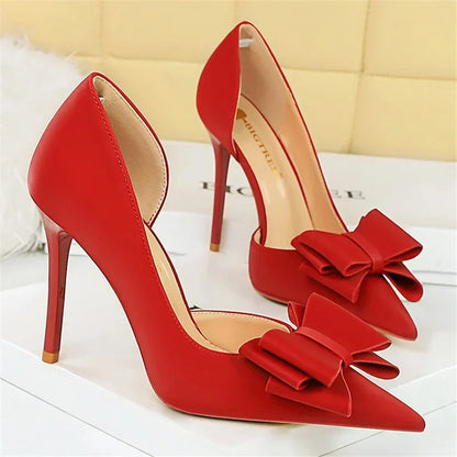 2024 Women 10.5cm High Heels Sweet Korean Side Hollow Pumps Lady Party Purple Green Kawaii Bowknot Heels Prom Silk Satin Shoes