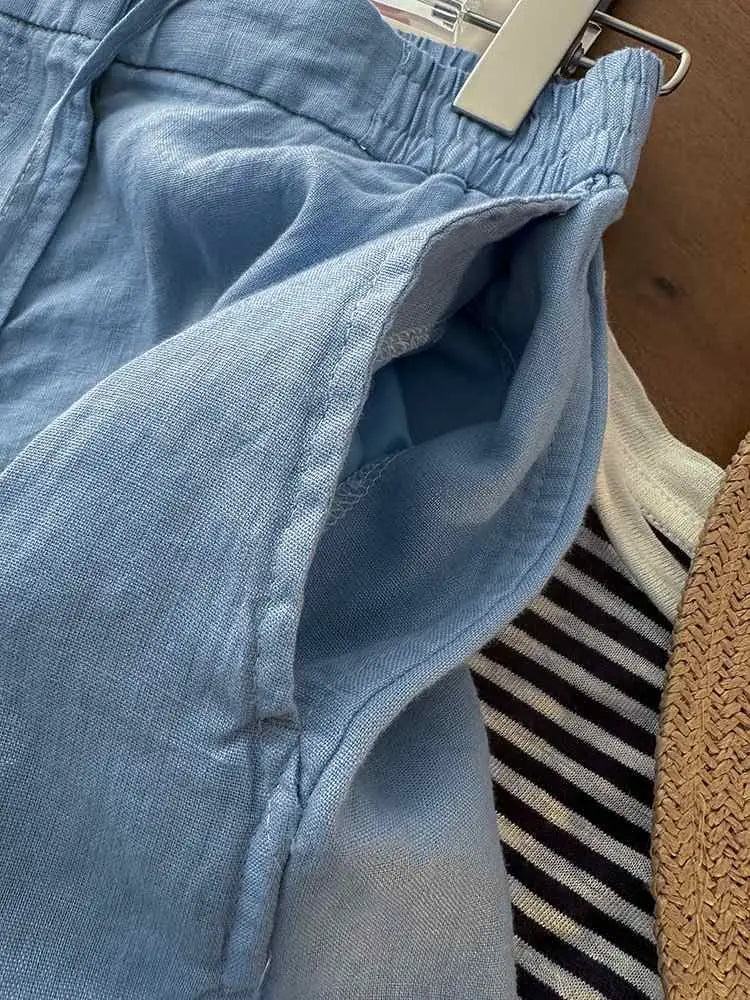 Japanese Simple Solid Color Pure Cotton Linen Casual Versatile Straight Elastic Waist Shorts Women's Middle Pants