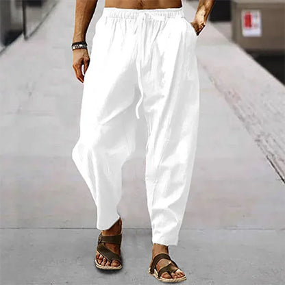 Men spring Summer Cotton Linen Waist Wide-Leg Trousers Men Solid Elastic Waist Streetwear Joggers New Baggy Casual long Trousers