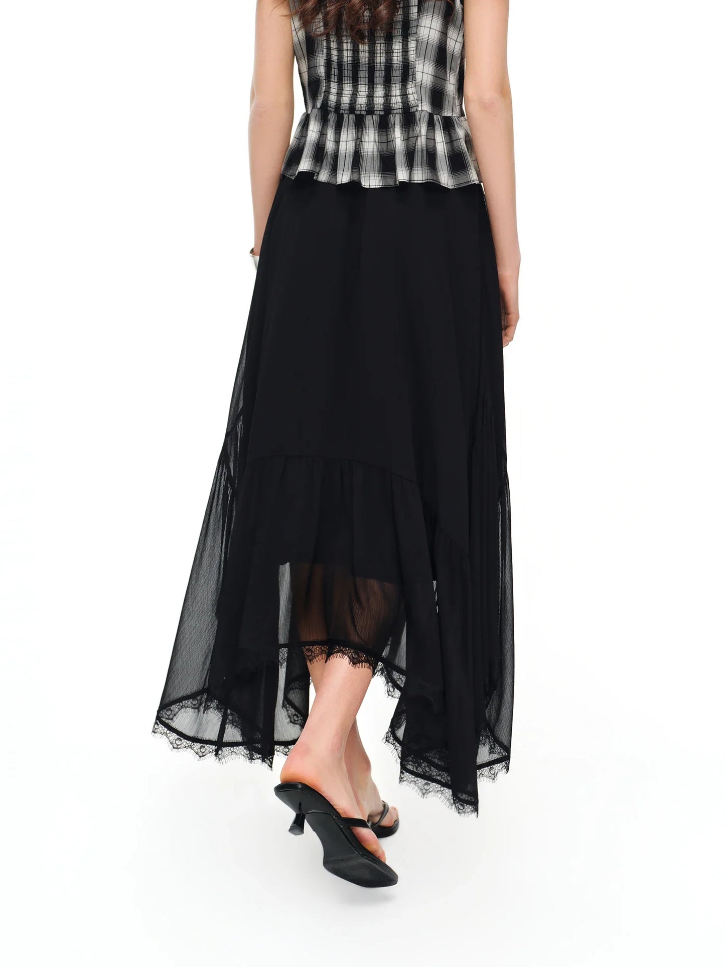 Romantic French Lace Patchwork Midi Skirt 2026 Summer New Arrival Elegant High-waisted Black A-line Skirt Women Elegant