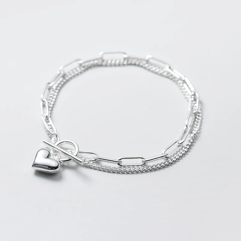 100% 925 Sterling Silver Sweet Hearts Chain Link Two Layer Classic Basis Bracelet Bangle for Women Fashion Fine Jewelry