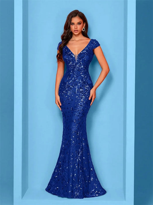 Elegant Champagne Evening Dress For Women Long 2024 Luxury Mermaid Formal Sequins Prom Wedding Party Cocktail Dresses