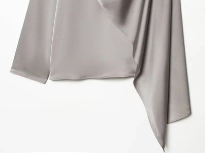 2026 Spring new women's elegant fashion shawl design satin drape top asymmetric wrinkled long-sleeved shirt