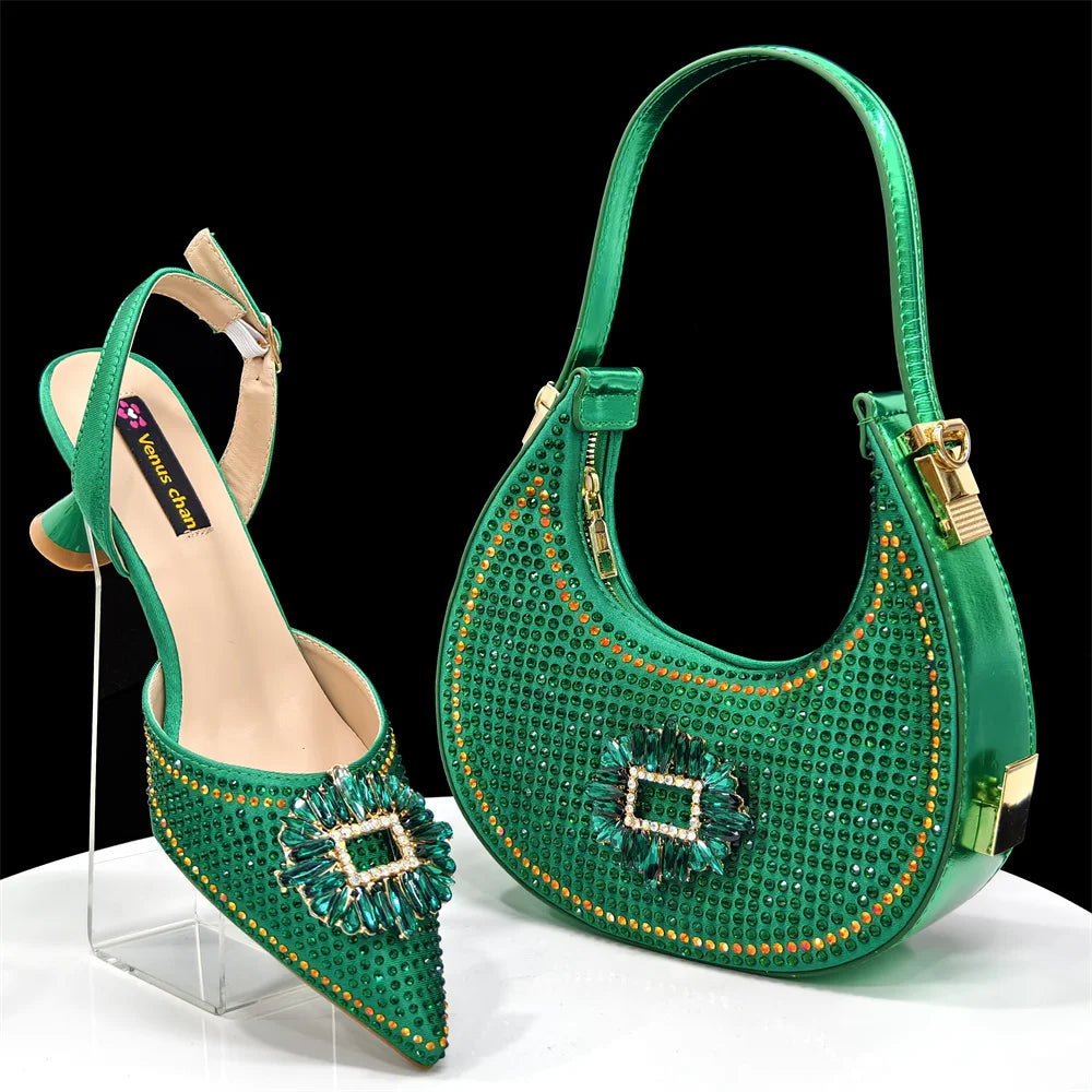 Nigerian Women's Party Shoes and Bags Medium Heel Pointed Toe Elegant Party Footwear With Matching Color Handbag for Women