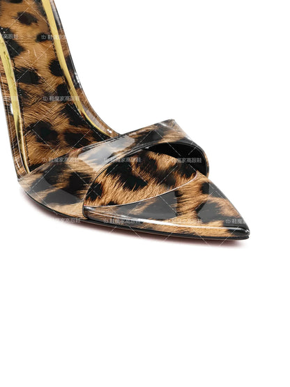 2025 New Leopard Pattern Pointed High Heels for Women, Ultra fine Heels, Slippers with Bare Toes, Half Dragged, Simple Sandals