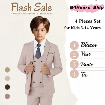 Champagne Solid Suit Set for Kids for Wedding Party, Graduation, Communion, Back-to-School  Chidren Tuxedo Set 4 Pcs Suits