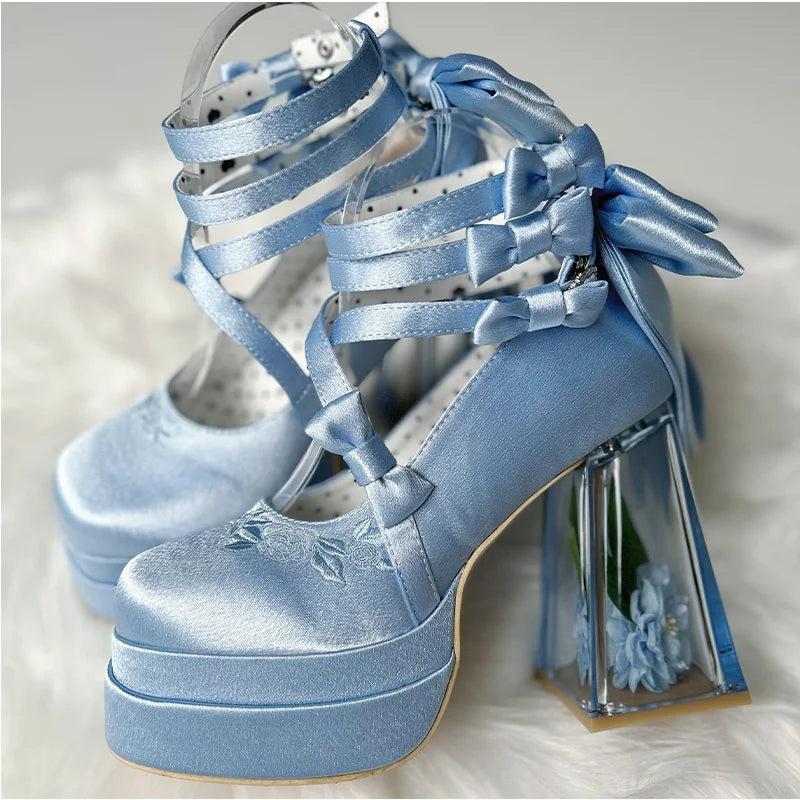 Original Lolita Red High Heels Women's Sweet Elegant Bow Velvet Mary Jane Shoes Ladies Birthday Party Cos Platform Shoes Spring