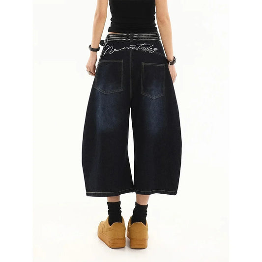 American Retro Embroidered Letter Cut-off Jeans Loose Straight Leg Trousers for Men High Waist Design Summer New Style