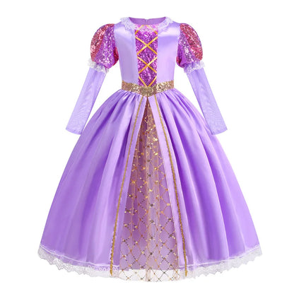 Short Sleeve Purple Puffy Dress + Accessories Girls Cosplay Rapunzel Summer Casual Dress Birthday Party Gift
