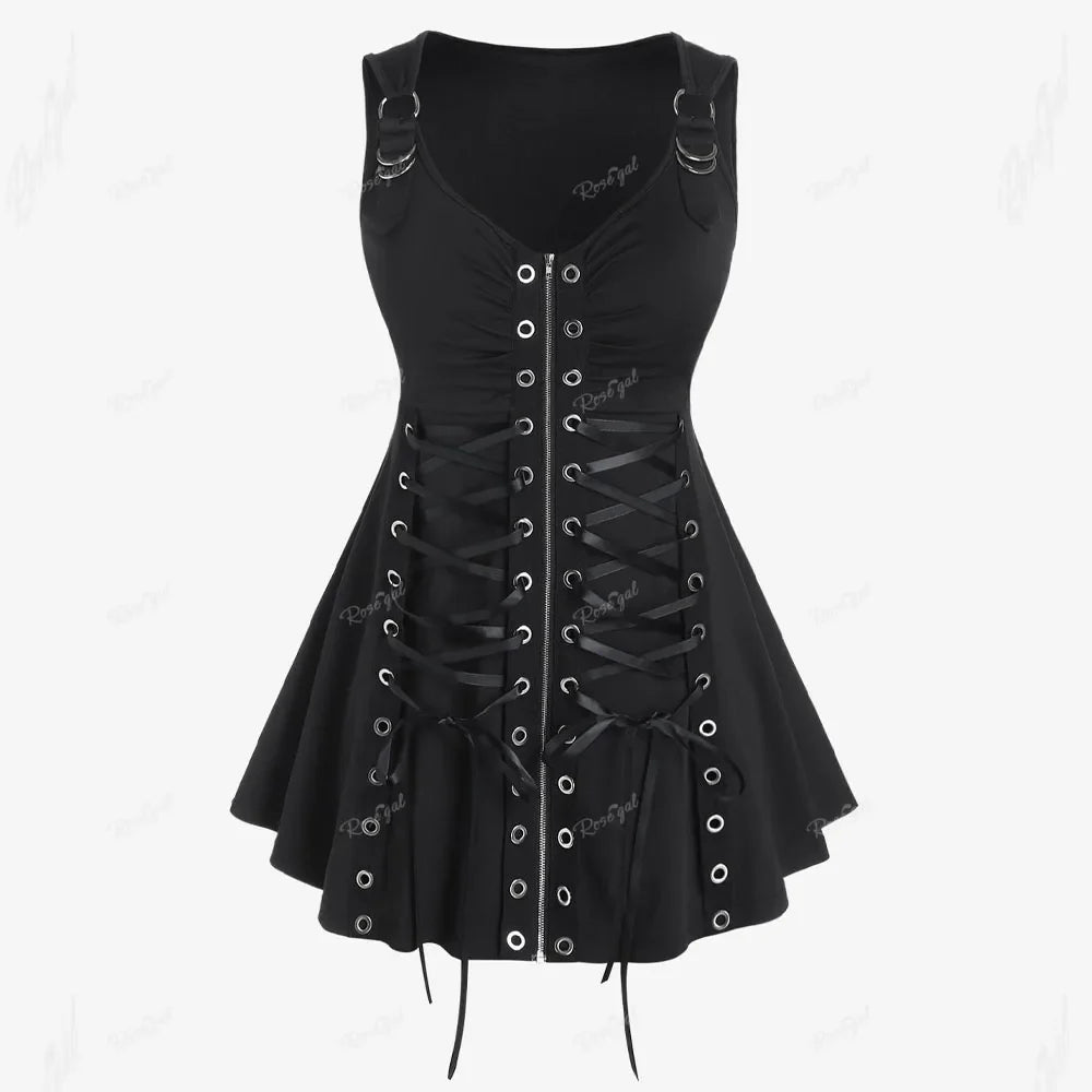 Plus Size Gothic Full Zipper Grommets Camis Tops Buckle Strap Plaid Vest Women Summer Sweetheart Neck Empire Waist Tanks