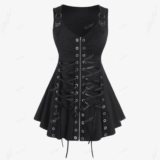 Plus Size Gothic Full Zipper Grommets Camis Tops Buckle Strap Plaid Vest Women Summer Sweetheart Neck Empire Waist Tanks