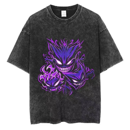 2026 Anime Washed Vintage Summer Gengar Short Sleeve Tee Graphic T-Shirt Man Women Cosplay Casual Tops Y2k Streetwear