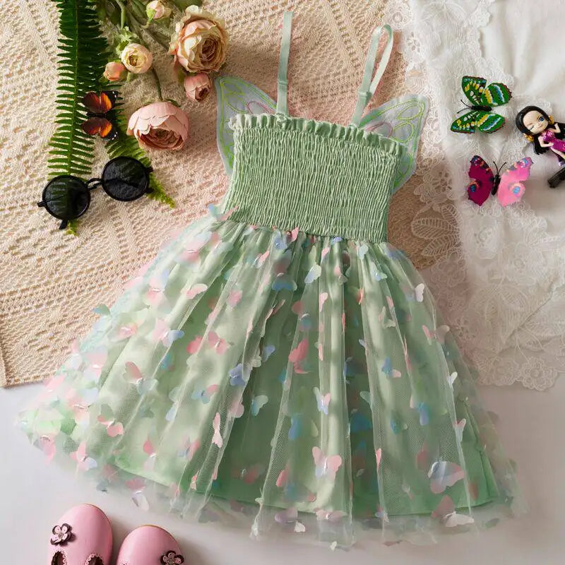 Baby Girl Party Princess Dress Summer Toddler 3d Fairy Butterfly Wings Sleeveless Tulle Sling Dress Children Birthday Party Gown