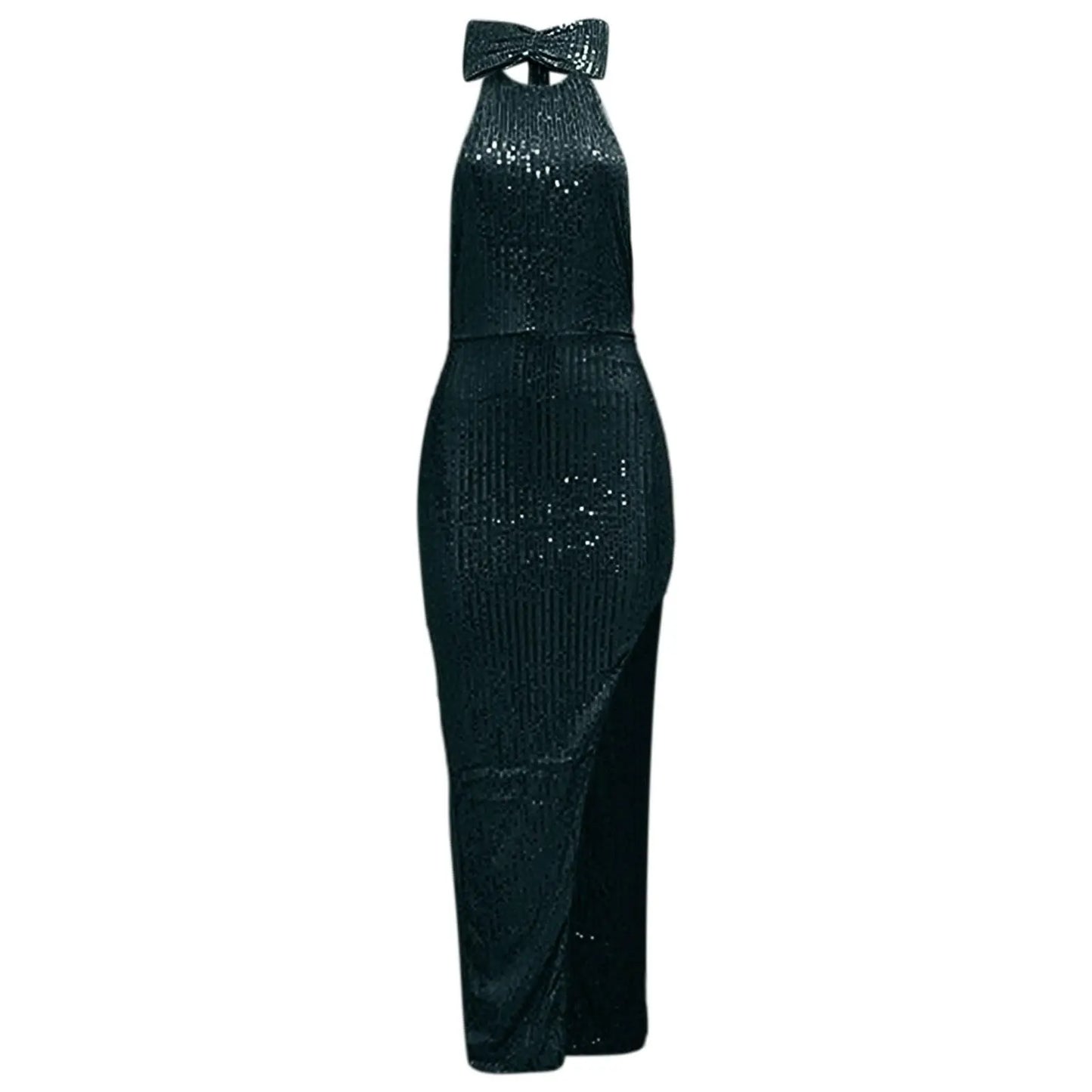 Women's Sequined Long Party Dresses Fashion Solid Color Hanging Neck Round Neck Bow Sleeveless Slit Long Dress Evening Dresses