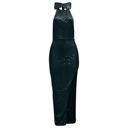Women's Sequined Long Party Dresses Fashion Solid Color Hanging Neck Round Neck Bow Sleeveless Slit Long Dress Evening Dresses