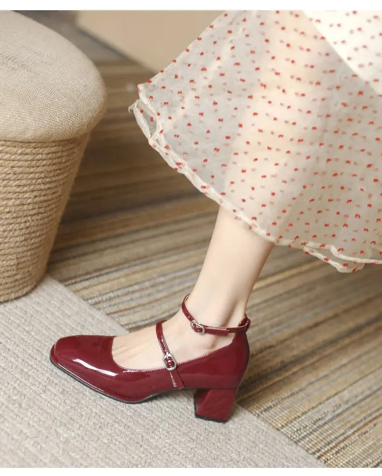 2024 New Mary Jane Shoes High Quality Leather Shoes Shallow Square Toe Womens Sandals Buckle Strap Women's Pumps