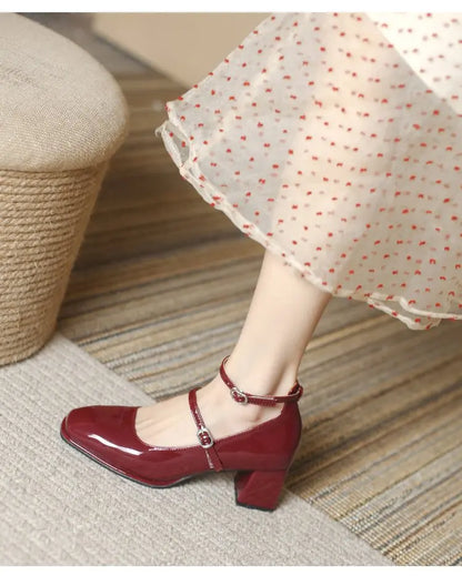 2024 New Mary Jane Shoes High Quality Leather Shoes Shallow Square Toe Womens Sandals Buckle Strap Women's Pumps