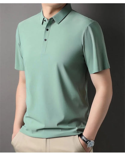 High quality wrinkle resistant ice silk short sleeve t-shirt men's summer Lapel loose casual solid color top high-end polo men