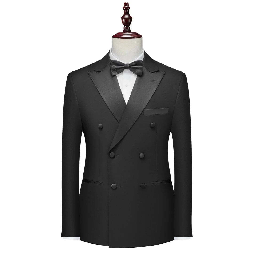 Men Suit 2 Pieces Black With Bright Lapel Double Button For Wedding Groom Banquet Party Business Work Casual Jacket And Pants