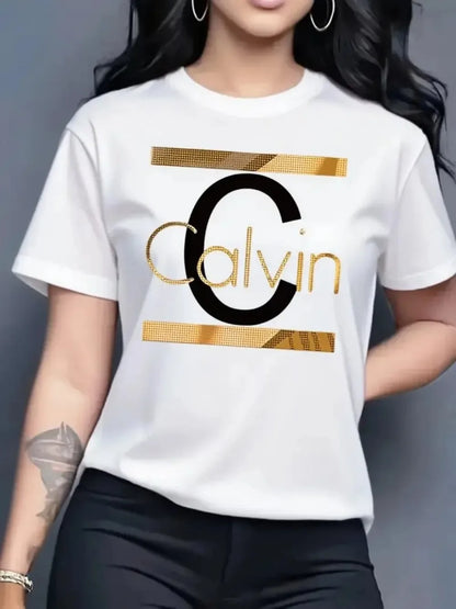 Women's Summer Fashion Casual Calvin Letter Pattern Print Loose Round Neck Short Sleeve Sportswear T-shirt y2k clothes