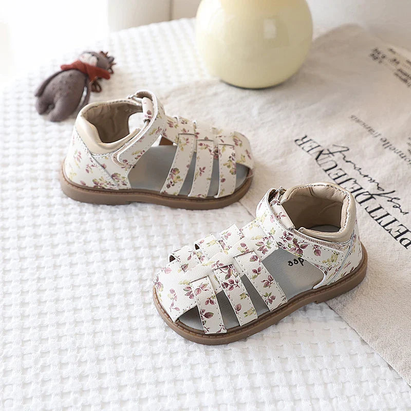Summer Toddler Girls Floral Closed Toe Sandals Anti-collision Kids Sandal Lovely Hook-loop Sweet Children Beach Shoes 21-30