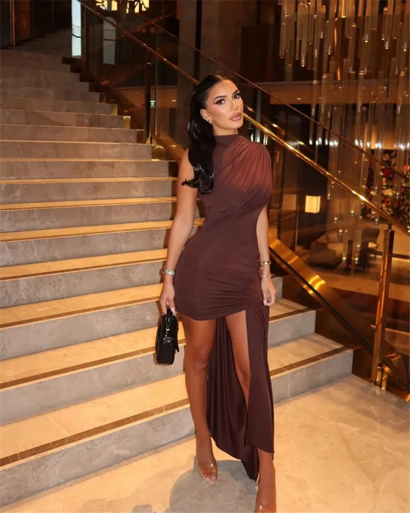 Irregular Draped Ruched Sexy Mini Dress For Women Elegant Turtleneck Sleeveless High Waist Pleated Club Party Dress